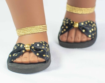 SANDALS Shoes in BLACK GOLD Dots with Bead Trim and  Elastic Ankle Strap for 18 Inch Dolls