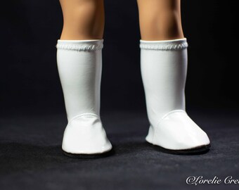 GO GO 60's 70's BOOTS in Shiny White Faux Patent Leather with Flat Black Soles for 18 Inch Doll