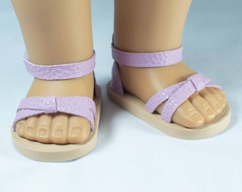 SANDALS Shoes Flats in LAVENDER LILAC Faux Leather Beige Soles with Crisscrossed Toe Straps and Closed Heel for 18 inch Doll