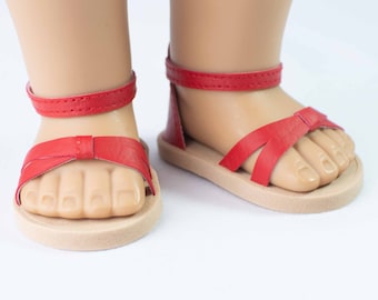 SANDALS SHOES in RED with Criss Crossed Toe Straps Closed Heel and  Ankle Strap with Black or Tan Soles for 18 Inch Doll