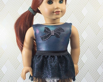 Doll LEOTARD Dance Wear Gymnastics Outfit in BLUE and BLACK Appliqué Bow Trim and Skirt Cover and Jazz Dance Shoe Option for 18 Inch Doll