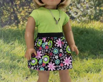 American Girl or 18 Inch Doll SKIRT in Black Pink Green Blue Floral Print with Lime Green TEE Shirt Top Necklace and SANDALS Option