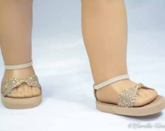 18 inch doll SANDALS SHOES Flipflops in Gold and Silver Sparkle with Ankle Strap