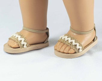 SANDALS Shoes in BEIGE TAN Jute with Elastic Ankle Strap and Closed Heel for 18 Inch Dolls