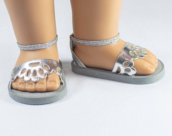 SANDALS Shoes in SILVER Faux Leather with Cut-out Design  and Elastic Ankle Strap and Faux Leather Heel for 18 Inch Dolls