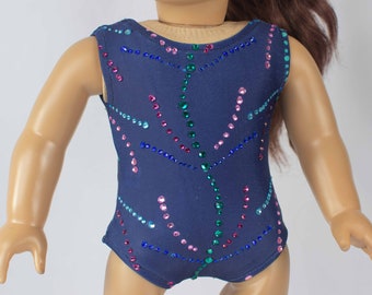 Doll LEOTARD Dance Wear Gymnastics Outfit in NAVY Blue with Multicolor Pattern and RHINESTONE Trim for 18 Inch Doll