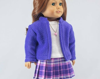 Doll SKIRT Plaid in Purple Pink White and White 3/4 Sleeve SHIRT Necklace and PurpleFleece JACKET with Decorative Stitching for 18 inch Doll