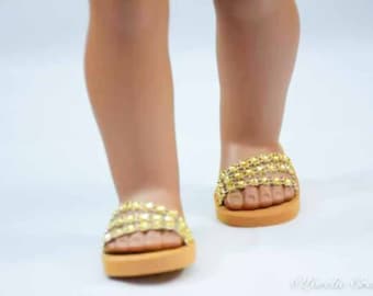 18 inch doll Ballerina princess party SANDALS SHOES Flipflops dressy Triple "Fan" Straps in GOLD sparkle
