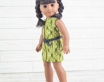 DRESS in Green Black Print with Belt and SANDALS Option for 18 Inch Doll