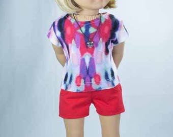 SHORTS in Red with Red Purple Tie Dye TEE Shirt and NECKLACE and Sandals Option for American Girl or 18 Inch Doll