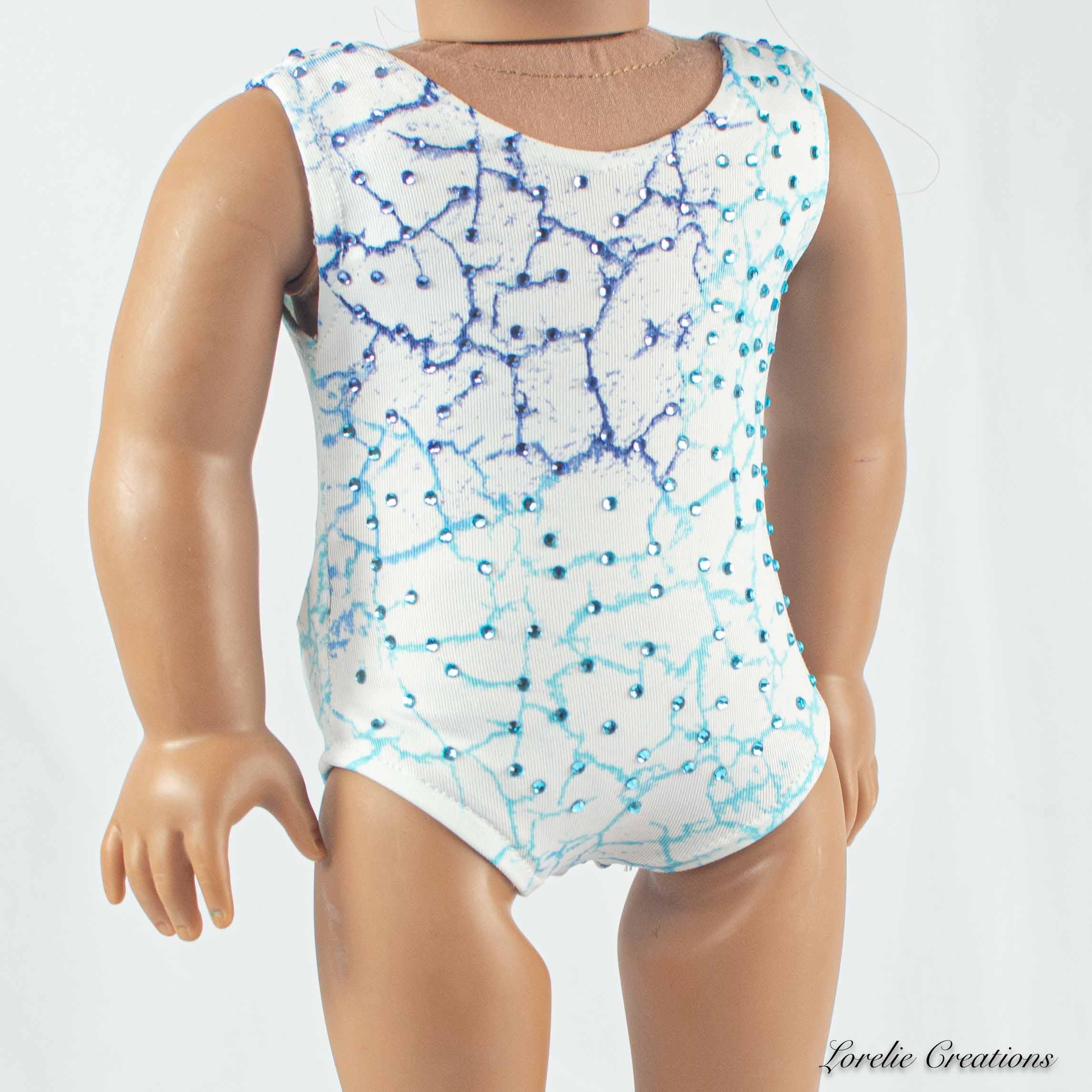 Doll LEOTARD Dance Wear Gymnastics Outfit in WHITE and BLUE with Multicolor Rhinestone Trim on Front and Back for 18 Inch Doll