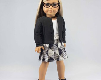 SKIRT Bias Plaid in Black White Beige with White Tank TOP and Black JACKET 18 inch Doll