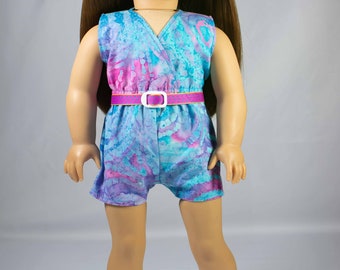 Culotte ROMPER Jumpsuit in Blue Pink Batik Print with BRACELET Reversible Belt and SANDALS Option for 18 Inch dolls