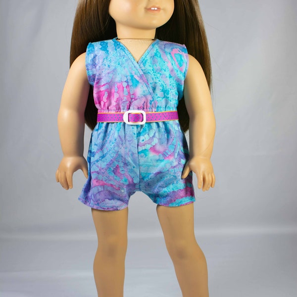 Culotte ROMPER Jumpsuit in Blue Pink Batik Print with BRACELET Reversible Belt and SANDALS Option for 18 Inch dolls