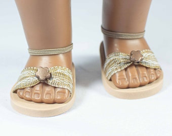 SANDALS SHOES Flip Flops in BEIGE Tan Brown with Woven Stitching Detail and Elastic Ankle Strap for 18 Inch dolls like American Girl