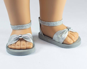 SANDALS Shoes in SILVER with BEAD Trim with Elastic Ankle Strap and Faux Leather Closed Heel for 18 Inch Dolls