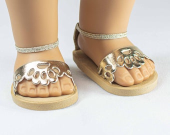 SANDALS Shoes in GOLD Faux Leather with Cut-out Design  and Elastic Ankle Strap and Faux Leather Heel Tab for 18 Inch Dolls