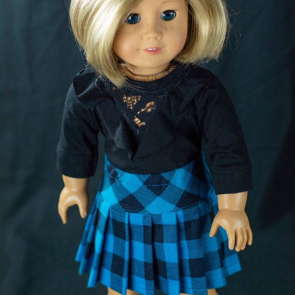 SKIRT Blue Black Plaid Pleated with Black Ruffle Front Knit TOP Shirt and NECKLACE for 18 Inch Dolls