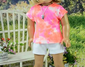 Tie Dye Pink Orange TEE Shirt and NECKLACE White Knit Shorts and Sandals Option for American Girl or 18 Inch Doll