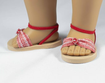 SANDALS Shoes Flipflops in RED and WHITE with Bead Trim and Heel and Ankle Strap for 18 Inch Doll