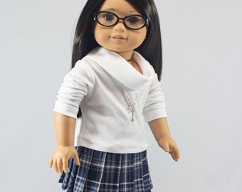 Doll SKIRT Navy Gray White Pleated with White Knit Long Sleeve TOP Shirt and NECKLACE for 18 Inch Dolls