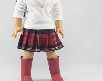 Doll SKIRT Red Black White Pleated with White Shirt Top Necklace and BOOTS Option for 18 Inch Dolls like American Girl