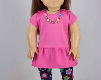 DRESS Tunic Pink with Flower LEGGINGS Necklace and Two BOOTS Options for American Girl or 18 inch Doll