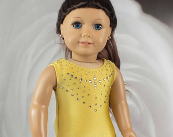 Doll LEOTARD Dance Wear Gymnastics Outfit in GOLD with Gold RHINESTONE Trim for 18 Inch Doll