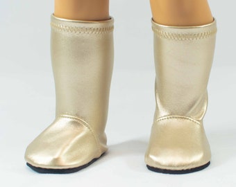 GO GO 60's BOOTS in Soft Gold Faux Patent Leather with Flat Black Soles for 18 Inch Doll