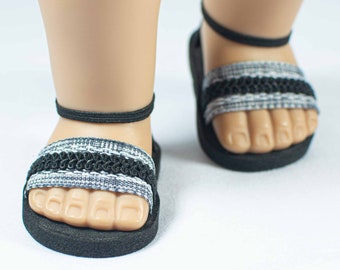 SANDALS Shoes Flip Flops in BLACK White with Black Detail Trim and Elastic Ankle Strap for 18 Inch dolls like American Girl