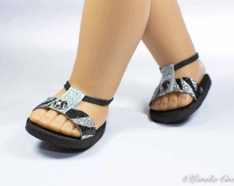 18 inch doll SANDALS SHOES Flipflops in Black and Silver Zebra Animal Print Sparkle with Trim and Ankle Strap