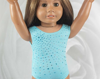 Doll LEOTARD Dance Wear Gymnastics Outfit in AQUA Blue with Multicolor Rhinestone Trim for 18 Inch Doll