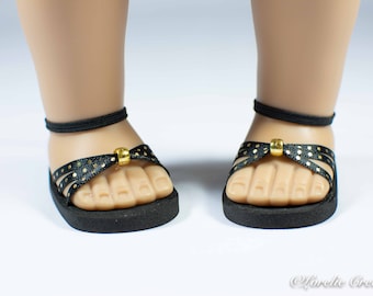 Handmade Doll Sandals, Black and Gold Bead Trim, Fits 18 inch Dolls