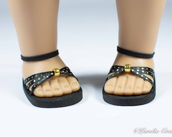 SANDALS Shoes in BLACK and GOLD with Gold Bead Trim and Ankle Strap with Heel Tab for 18 inch doll