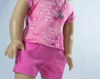SHORTS in Bright Hot Pink with Pink Burnout TEE Shirt and NECKLACE and Sandals Option for American Girl or 18 Inch Doll