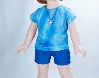 SHORTS in Blue with Blue Tie Dye TEE Shirt and NECKLACE and Sandals Option for American Girl or 18 Inch Doll