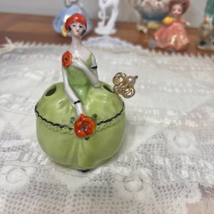Rare Vintage Flapper Art Decor, Pin Holder, Makeup Eyeliner Holder, Made in Germany Flapper Girl Figurine, Porcelain German Doll