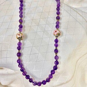 Vintage Amethyst Gemstone Necklace with Cloisonne Beads, Healing Jewelry, Amethyst Birthstone Birthday Gift, Vintage Beaded Necklace