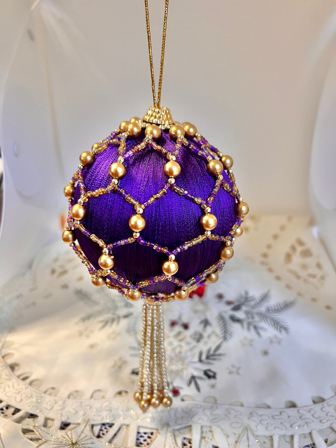 Vintage Christmas Ornament, Handmade Purple and Gold Beaded Ornament