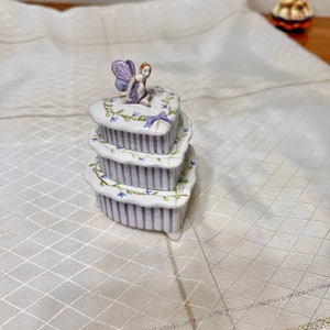 Vintage KHIM Porcelain Heart Shaped Fairy Trinket Box, Rare KHIM Fairy Jewelry Box, Purple and White Heart Box, Fairy Trinkets Decor