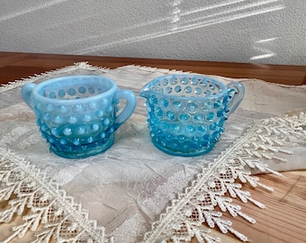 Fenton Vintage Hobnail Cream and Sugar, Blue Opalescent Glass, Creamer Set, Blue Vintage Glass, Cream and Sugar Set
