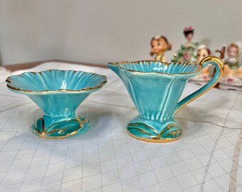 Vintage Art Deco 1950&#39;s Vallona Starr Styled California Pottery Mini Creamer and Sugar Set Turquoise Blue Gold Trim