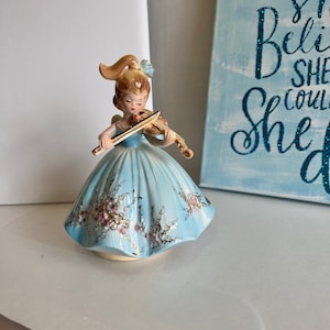 Josef Originals Fascination Musical Figurine Girl with Violin, Vintage Porcelain Music Box, Josef Originals Musical Figurine