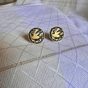 Vintage Damascene 18K or 24K Gold Inlay Post Earrings. Spanish Earrings Jewelry Made in Spain Jewelry,Damascene Earrings Black Gold Earrings