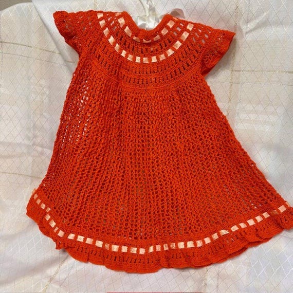 Baby Girl Crochet Dress, Vintage Crochet Infant Dress, Orange Baby Clothes, Handmade Baby Girl Dress, Vintage Crochet Kids Clothes