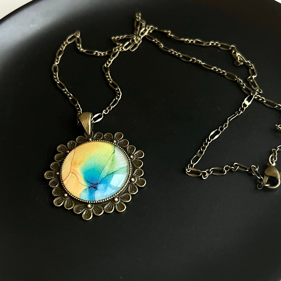 Hand Painted Watercolor Floral Pendant Necklace Jewelry, Wearable Art