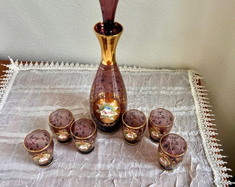 Antique Venetian Art Murano Italy Hand Painted Glass Decanter Set