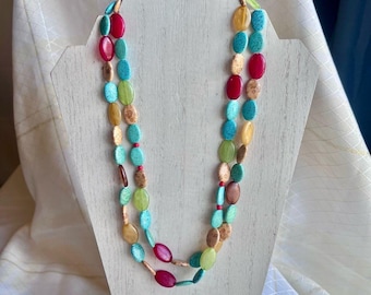 Vintage Multicolor Boho Beaded Long Necklace, Bohemian Jewelry, Vibrant Vintage Necklace, Vintage Resin Type Beaded Jewelry, Vintage Gift