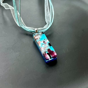 Italian Made Vintage Murano Fused Glass, Blue Pendant Ribbon Necklace, Vintage Necklace, Glass Pendant, Murano Glass, Vintage Glass