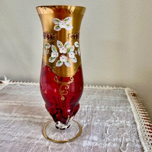 Vintage Bohemian Crystal Vase, Slavia Glassworks, Cranberry Glass, Handmade in Czech Republic, Hand Painted Glass Vase, Vintage Glass Vase,